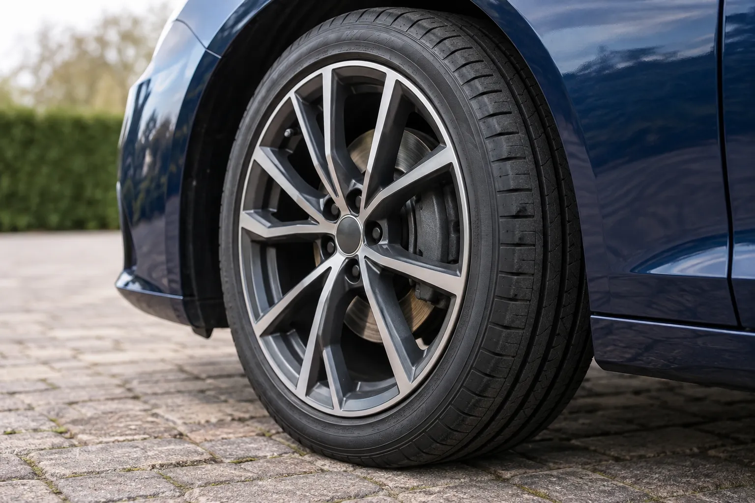 Voorband met aluminium velg en zichtbare remschijf op stenen oprit