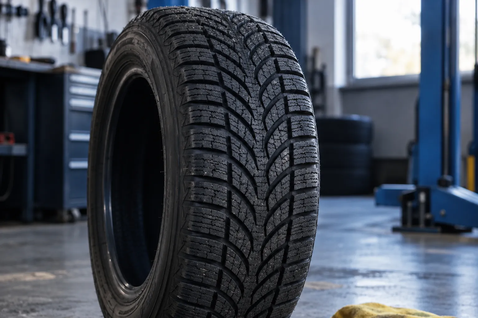 Winterband met diep profiel staand in garage bij bandenservice, natte vloer zichtbaar
