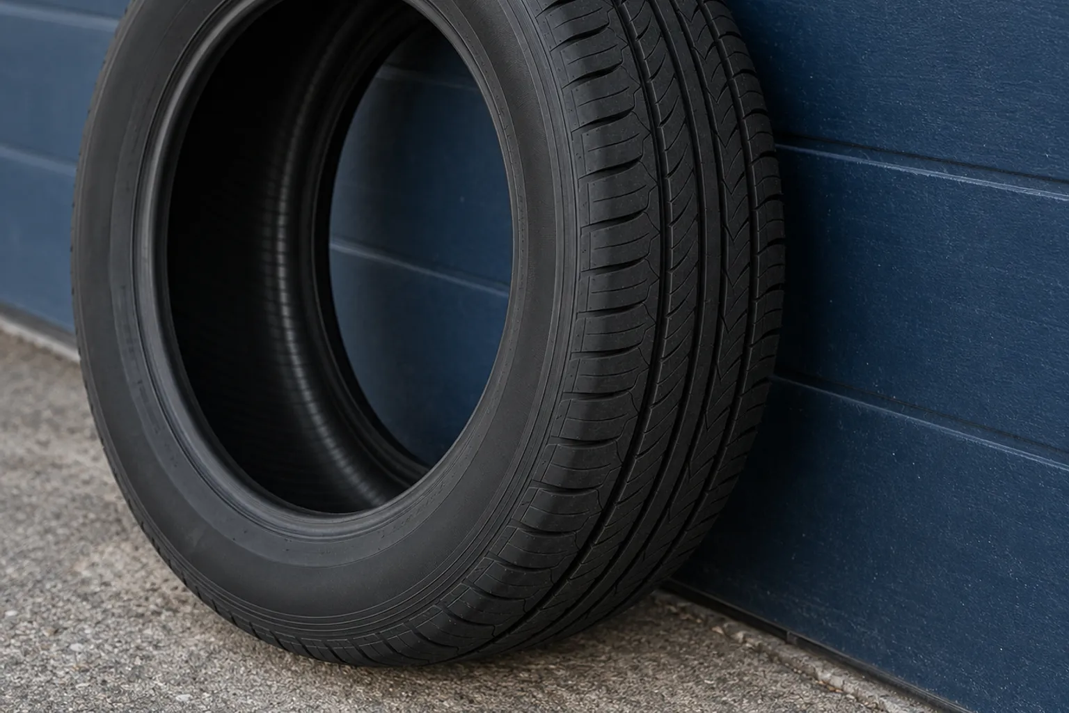 Zwarte autoband leunend tegen blauwe houten garagewand op asfaltgrond