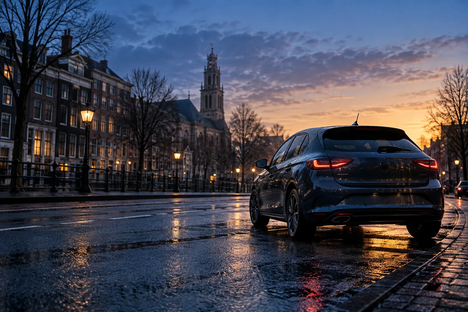 Een onherkenbare moderne auto op een natte Nederlandse stadsstraat bij zonsopkomst.