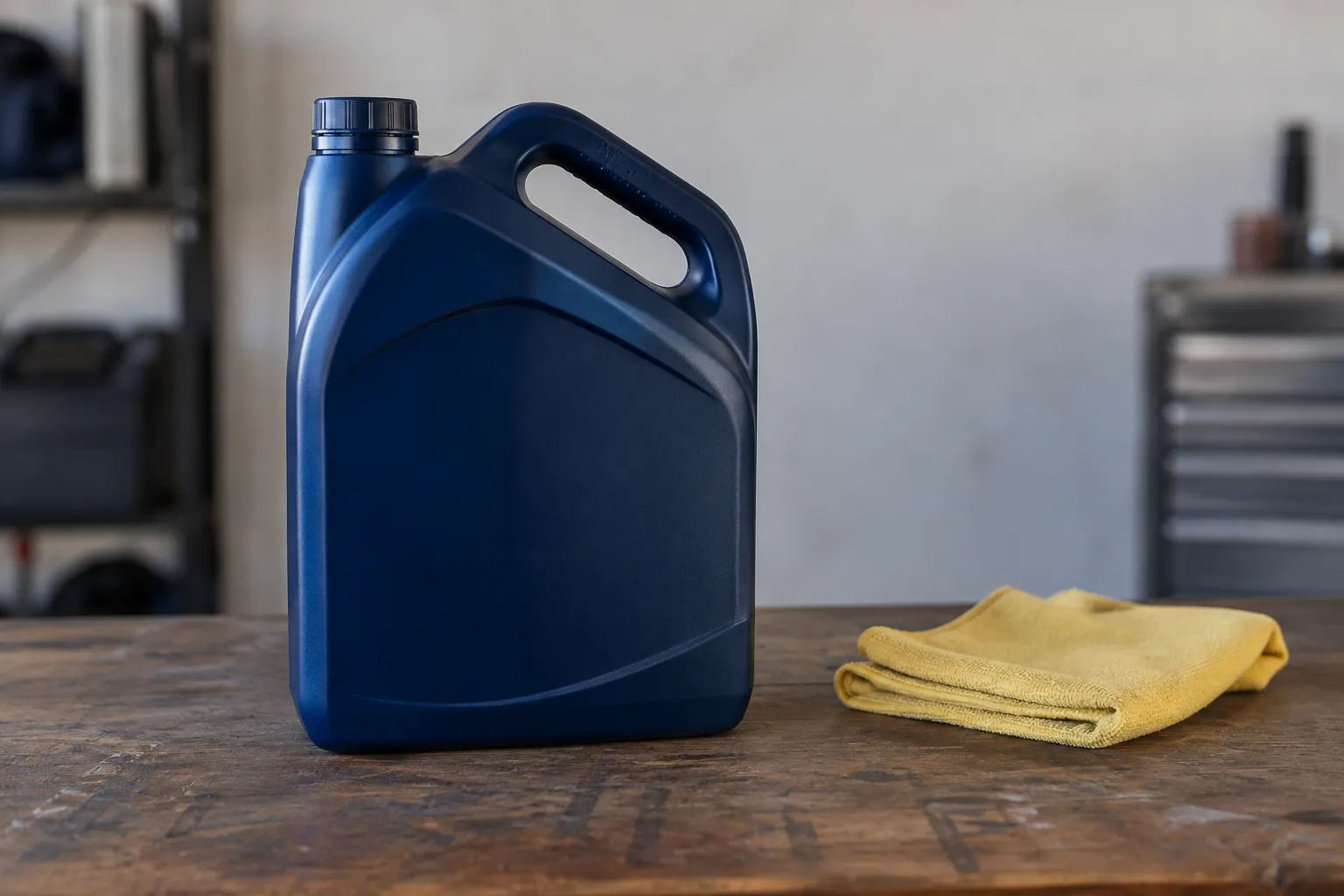 Blauwe jerrycan motorolie op werkbank naast gevouwen gele poetsdoek